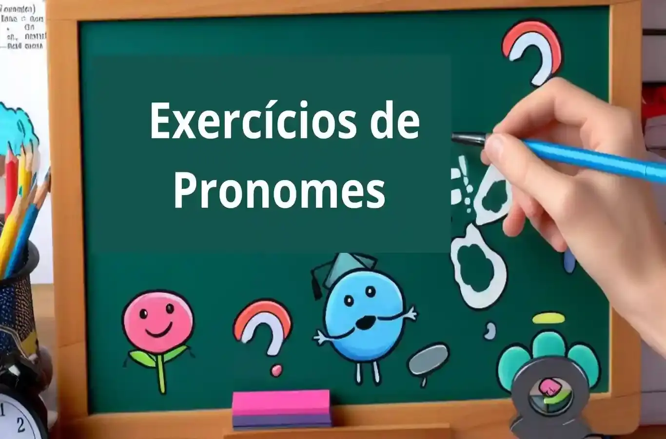 quadro de escola com a frase exercícios de pronome escrita